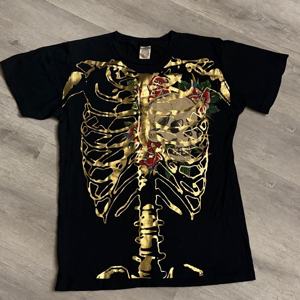 Ed Hardy Black and Gold Skeleton Tee
